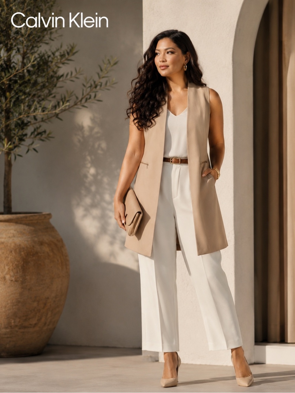 Calvin Klein Beige Longline Vest Sleeveless Coat Zip Pocket Size 10